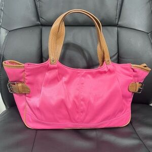 Bath & Body Works pink canvas shoulder bag featuring brown leather trim